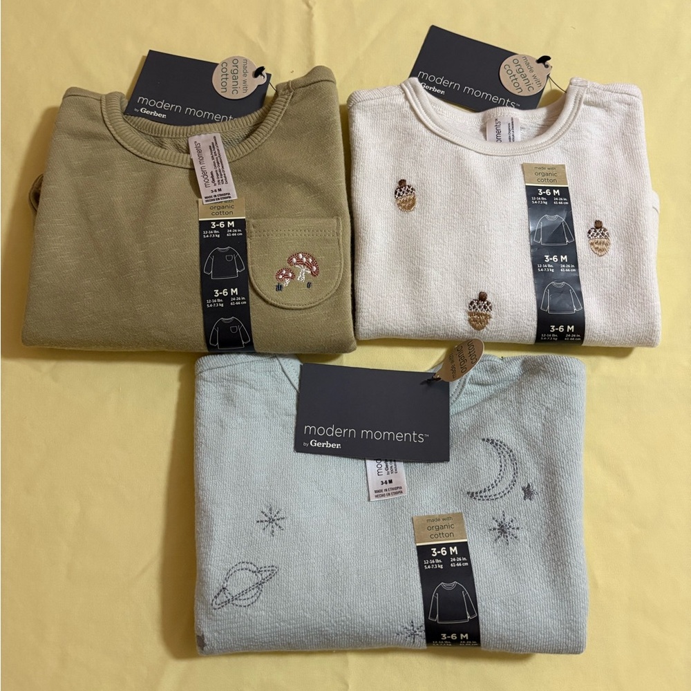 🍎 2 for $18 Gerber Modern Moments Organic Cotton Drop Shoulder LS Tops Lot 3-6M